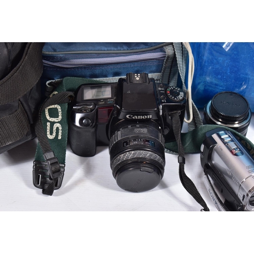 26 - TWO TRAYS AND A CASE CONTAINING FILM, VIDEO AND DIGITAL CAMERAS including a Canon Eos 350D with a 18... 