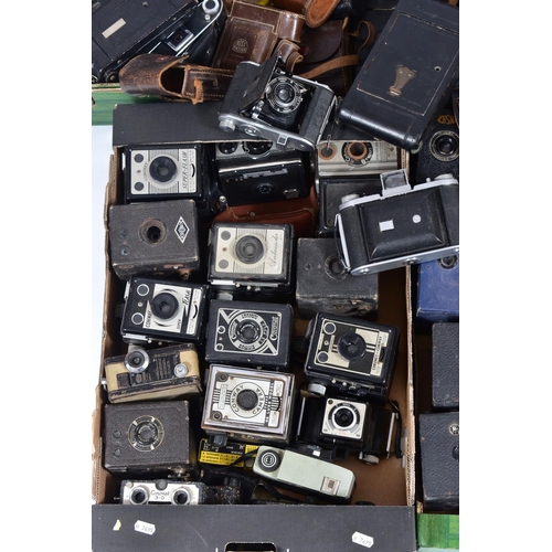 3 - FIVE TRAYS CONTAINING CORONET AND ENSIGN FOLDING AND BOX CAMERAS as well as Pathe Cine Cameras, incl... 