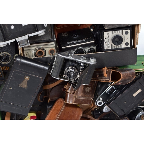 3 - FIVE TRAYS CONTAINING CORONET AND ENSIGN FOLDING AND BOX CAMERAS as well as Pathe Cine Cameras, incl... 