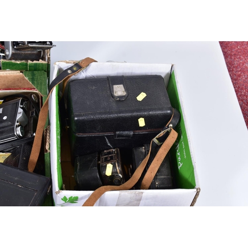 3 - FIVE TRAYS CONTAINING CORONET AND ENSIGN FOLDING AND BOX CAMERAS as well as Pathe Cine Cameras, incl... 