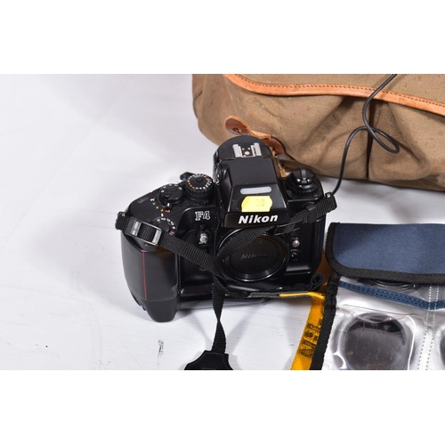 30 - A BILINGHAM CANVAS BAG CONTAINING A NIKON F4 FILM SLR CAMERA with an MB21 winder, a Nikkor AF 50mm f... 