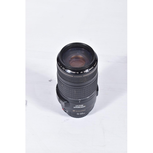 32 - FOUR CANON AND CANON FIT ZOOM LENSES comprising of a Canon 70-300 f4 EF IS USM lens, a Sigma 70-200 ... 