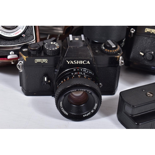 37 - A YASHICA-MAT TLR CAMERA with 80mm lenses one at f3.2 the other at f3.5, two Yashica FR film SLR cam... 