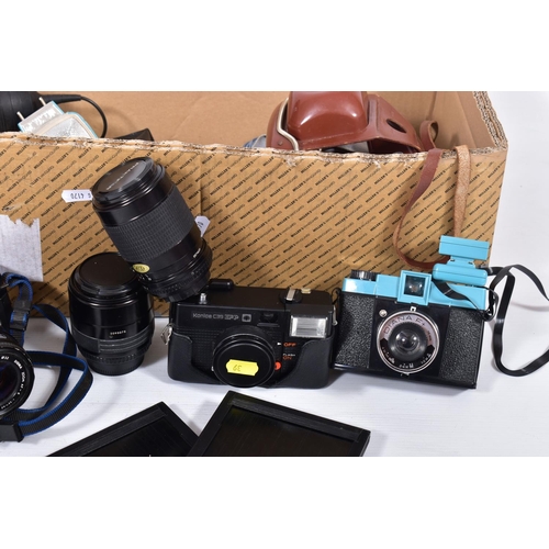 39 - A TRAY CONTAINING CAMERAS AND EQUIPMENT including a Praktica MTL3 fitted with a 50mm f2.8 lens, a TL... 