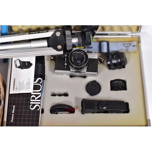 43 - AN ALUMINIUM CASE AND A BOX CONTAINING  a Praktica MTL-3 film SLR fitted with a Tessar 50mm f1.8 len... 