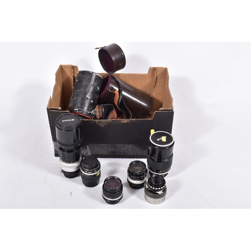 44 - A SMALL TRAY CONTAINING MOSTLY VINTAGE NIKON CAMERA LENSES comprising of a H-Auto 300mm f4.5 in tube... 
