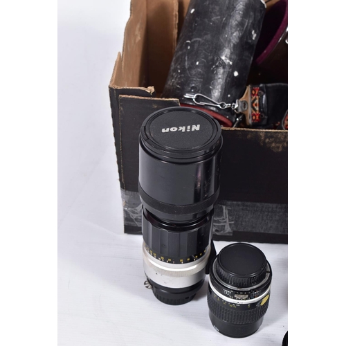 44 - A SMALL TRAY CONTAINING MOSTLY VINTAGE NIKON CAMERA LENSES comprising of a H-Auto 300mm f4.5 in tube... 