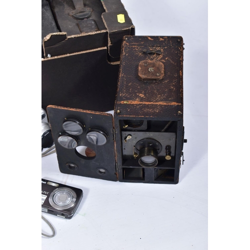 46 - A TRAY CONTAINING CAMERAS AND LENSES including a Praktica LLC fitted with a CZJ Pancolour 50mm f1.8 ... 