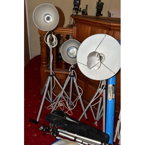 47 - A QUANTITY OF TRIPODS AND LIGHTING STANDS including a Heiwa Professional , two Photax 9in Reflectors... 
