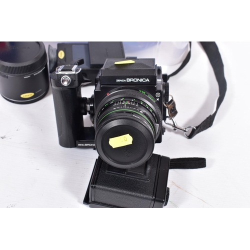 50 - A ZENZA BRONICA ETRS MEDIUM FORMAT FILM CAMERA fitted with a Zenzanon 75mm f2.8 lens, a Zenza Tele c... 