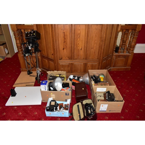 59 - SIX TRAYS CONTAINING PHOTOGRAPHIC EQUIPMENT  including a Jobo c6600 Colour Enlarger, various lenses ... 
