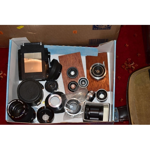 59 - SIX TRAYS CONTAINING PHOTOGRAPHIC EQUIPMENT  including a Jobo c6600 Colour Enlarger, various lenses ... 