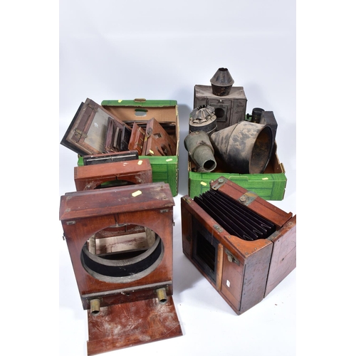 8 - TWO TRAYS AND LOOSE CONTAINING COPY CAMERAS, FIELD AND  MAGIC LANTERN PARTS including tin plate chim... 