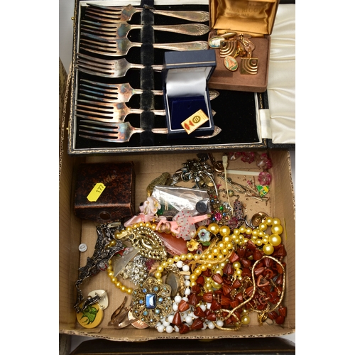 177 - THREE BOXES OF ASSORTED ITEMS, to include various pieces of loose cutlery, assorted costume jeweller... 