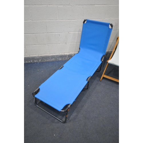 1187 - A FOLDING PINE DECK CHAIR, and a metal framed folding sun lounger (condition:-good condition) (2)