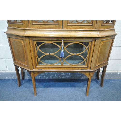 1195 - AN EARLY 20TH CENTURY SHERATON REVIVAL MAHOGANY AND BOXWOOD STRING DISPLAY CABINET, having an overha... 