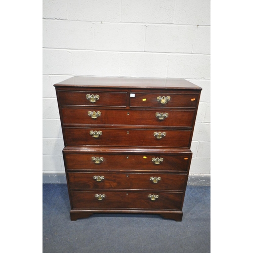 1196 - A GEORGE III MAHOGANY CHEST ON CHEST, of two short and five long graduated drawers, on bracket feet,... 