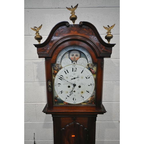 1200 - A REGENCY MAHOGANY EIGHT DAY LONGCASE CLOCK, the hood with three finials of a bird with open wings, ... 