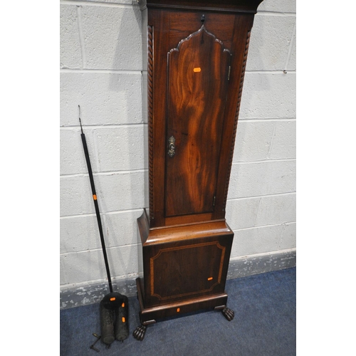 1200 - A REGENCY MAHOGANY EIGHT DAY LONGCASE CLOCK, the hood with three finials of a bird with open wings, ... 