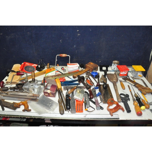 1087 - A BOX OF MISCELLANEOUS to include saws, nails, hammers, plane, files, rules, saw blades, chisels, an... 