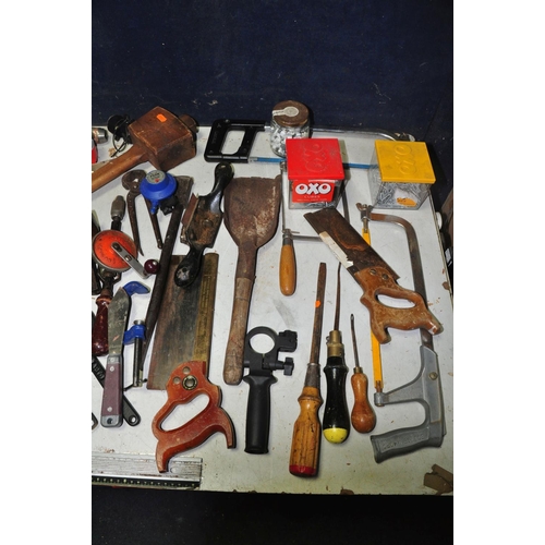 1087 - A BOX OF MISCELLANEOUS to include saws, nails, hammers, plane, files, rules, saw blades, chisels, an... 