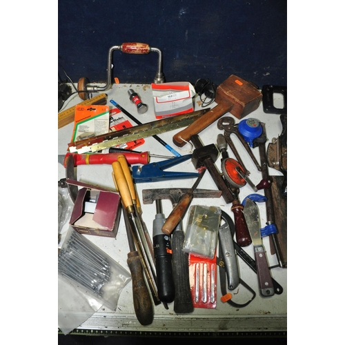 1087 - A BOX OF MISCELLANEOUS to include saws, nails, hammers, plane, files, rules, saw blades, chisels, an... 