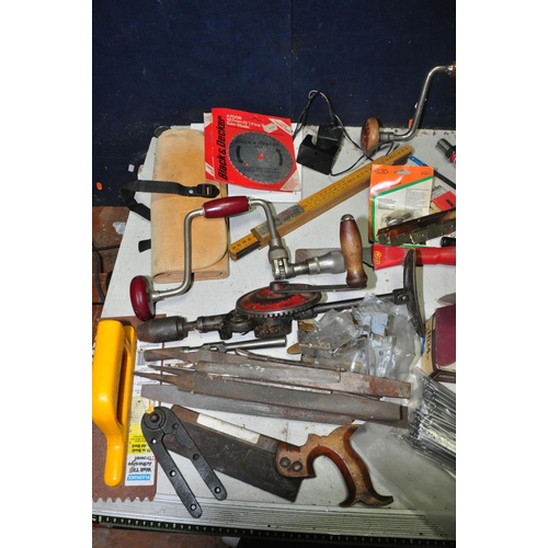 1087 - A BOX OF MISCELLANEOUS to include saws, nails, hammers, plane, files, rules, saw blades, chisels, an... 