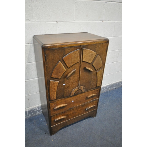 1306 - AN OAK ART DECO TWO DOOR TALLBOY, with two drawers, width 73cm x depth 42cm x height 116cm