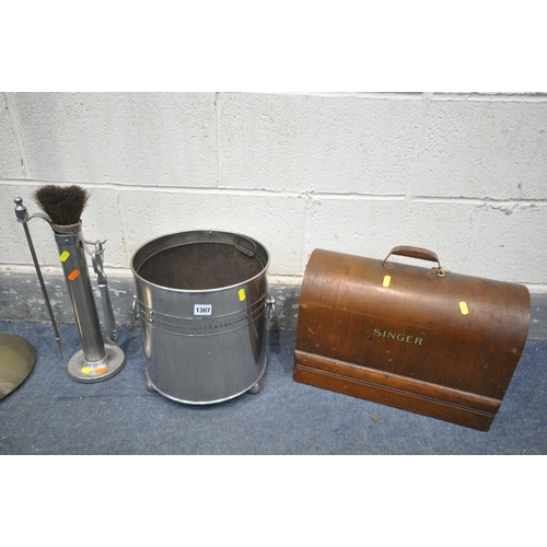 1307 - A STAINLESS STEEL LOG BUCKET, a similar companion set, a Vintage singer sewing machine, and a nickel... 