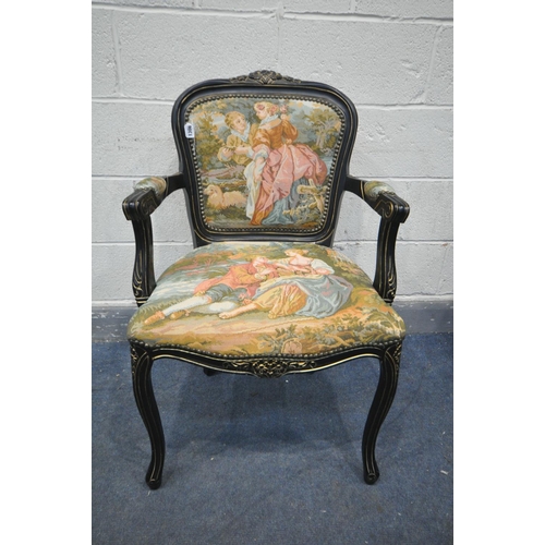 1308 - A LATE 20TH CENTURY FRENCH STYLE EBONISED OPEN ARMCHAIR, with a tapestry back and seat, width 60cm x... 