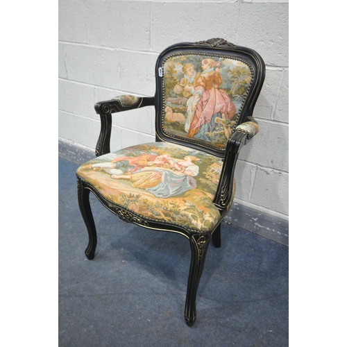 1308 - A LATE 20TH CENTURY FRENCH STYLE EBONISED OPEN ARMCHAIR, with a tapestry back and seat, width 60cm x... 