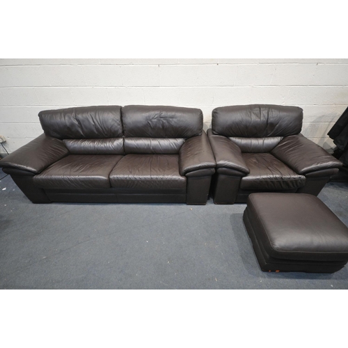 1310 - A BROWN LEATHER FIVE PIECE LOUNGE SUITE, comprising three  seater sofas, length 216cm x depth 97cm x... 