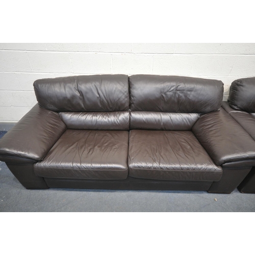 1310 - A BROWN LEATHER FIVE PIECE LOUNGE SUITE, comprising three  seater sofas, length 216cm x depth 97cm x... 