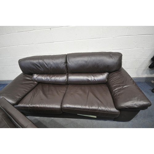 1310 - A BROWN LEATHER FIVE PIECE LOUNGE SUITE, comprising three  seater sofas, length 216cm x depth 97cm x... 