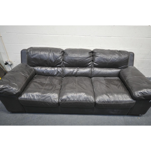 1311 - A BROWN LEATHER TWO PIECE LOUNGE SUITE, comprising a three seater electric recliner, and another thr... 