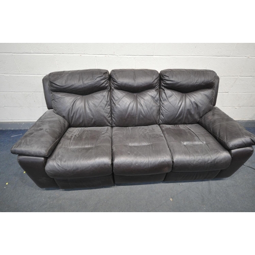 1311 - A BROWN LEATHER TWO PIECE LOUNGE SUITE, comprising a three seater electric recliner, and another thr... 