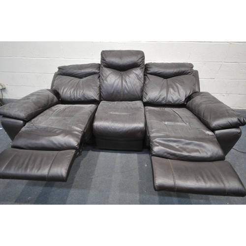 1311 - A BROWN LEATHER TWO PIECE LOUNGE SUITE, comprising a three seater electric recliner, and another thr... 