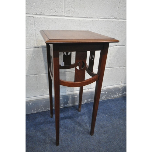 1312 - AN EDWARDIAN REPRODUCTION MAHOGANY AND INLAID SQUARE SIDE TABLE, 38cm square x height 77cm