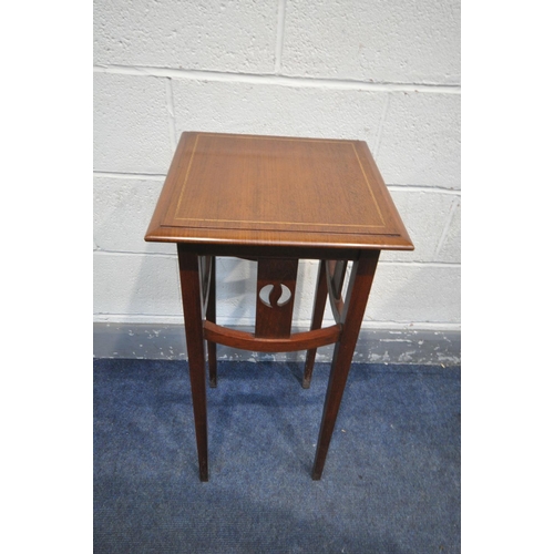 1312 - AN EDWARDIAN REPRODUCTION MAHOGANY AND INLAID SQUARE SIDE TABLE, 38cm square x height 77cm