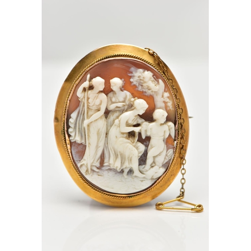 10 - A MID 19TH CENTURY YELLOW METAL CAMEO BROOCH, the shell cameo, carved in high relief, depicting Cupi... 