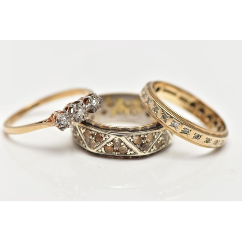 13 - A SELECTION OF THREE YELLOW AND WHITE METAL RINGS, to include a 9ct gold diamond three stone ring, s... 