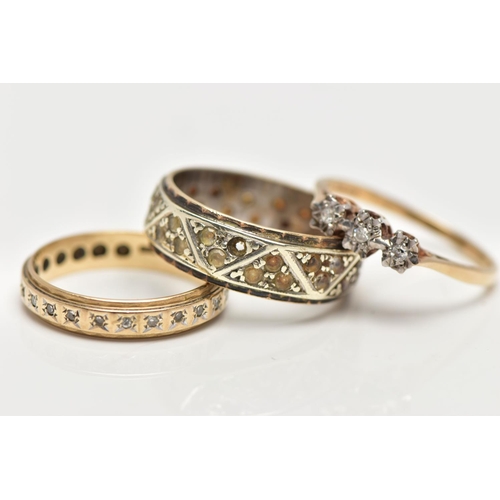 13 - A SELECTION OF THREE YELLOW AND WHITE METAL RINGS, to include a 9ct gold diamond three stone ring, s... 