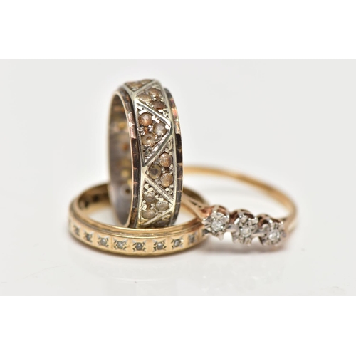 13 - A SELECTION OF THREE YELLOW AND WHITE METAL RINGS, to include a 9ct gold diamond three stone ring, s... 