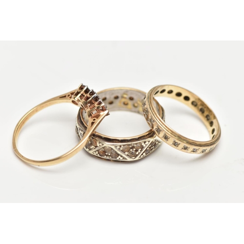 13 - A SELECTION OF THREE YELLOW AND WHITE METAL RINGS, to include a 9ct gold diamond three stone ring, s... 