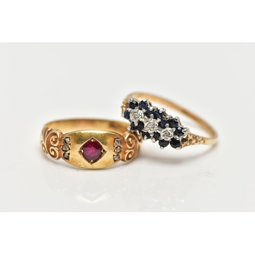 14 - A LATE VICTORIAN 15CT GOLD RUBY AND DIAMOND RING AND A MODERN 9CT GOLD SAPPHIRE AND DIAMOND RING, th... 