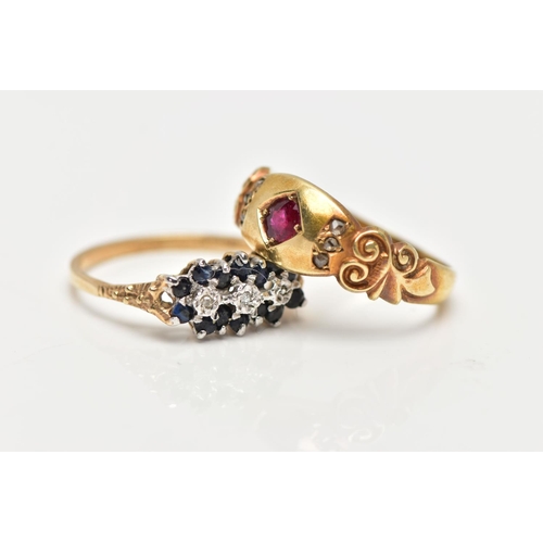 14 - A LATE VICTORIAN 15CT GOLD RUBY AND DIAMOND RING AND A MODERN 9CT GOLD SAPPHIRE AND DIAMOND RING, th... 