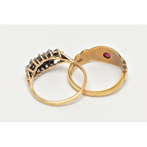 14 - A LATE VICTORIAN 15CT GOLD RUBY AND DIAMOND RING AND A MODERN 9CT GOLD SAPPHIRE AND DIAMOND RING, th... 