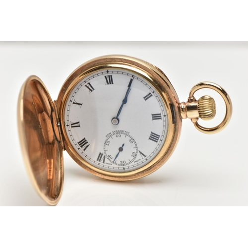 15 - A GOLD PLATED FULL HUNTER POCKET WATCH, the circular white enamel dial, with black Roman numerals, b... 