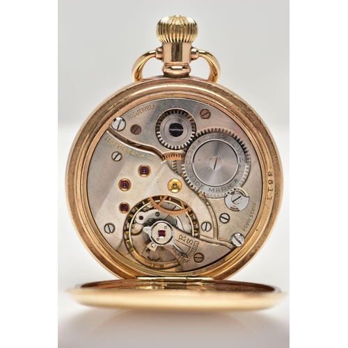 15 - A GOLD PLATED FULL HUNTER POCKET WATCH, the circular white enamel dial, with black Roman numerals, b... 