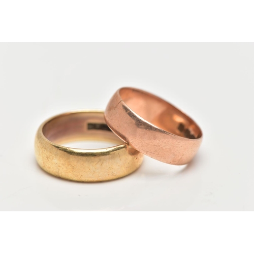 16 - TWO WIDE 9CT GOLD BAND RINGS, the first a polished yellow gold band, approximate width 7.1mm, hallma... 